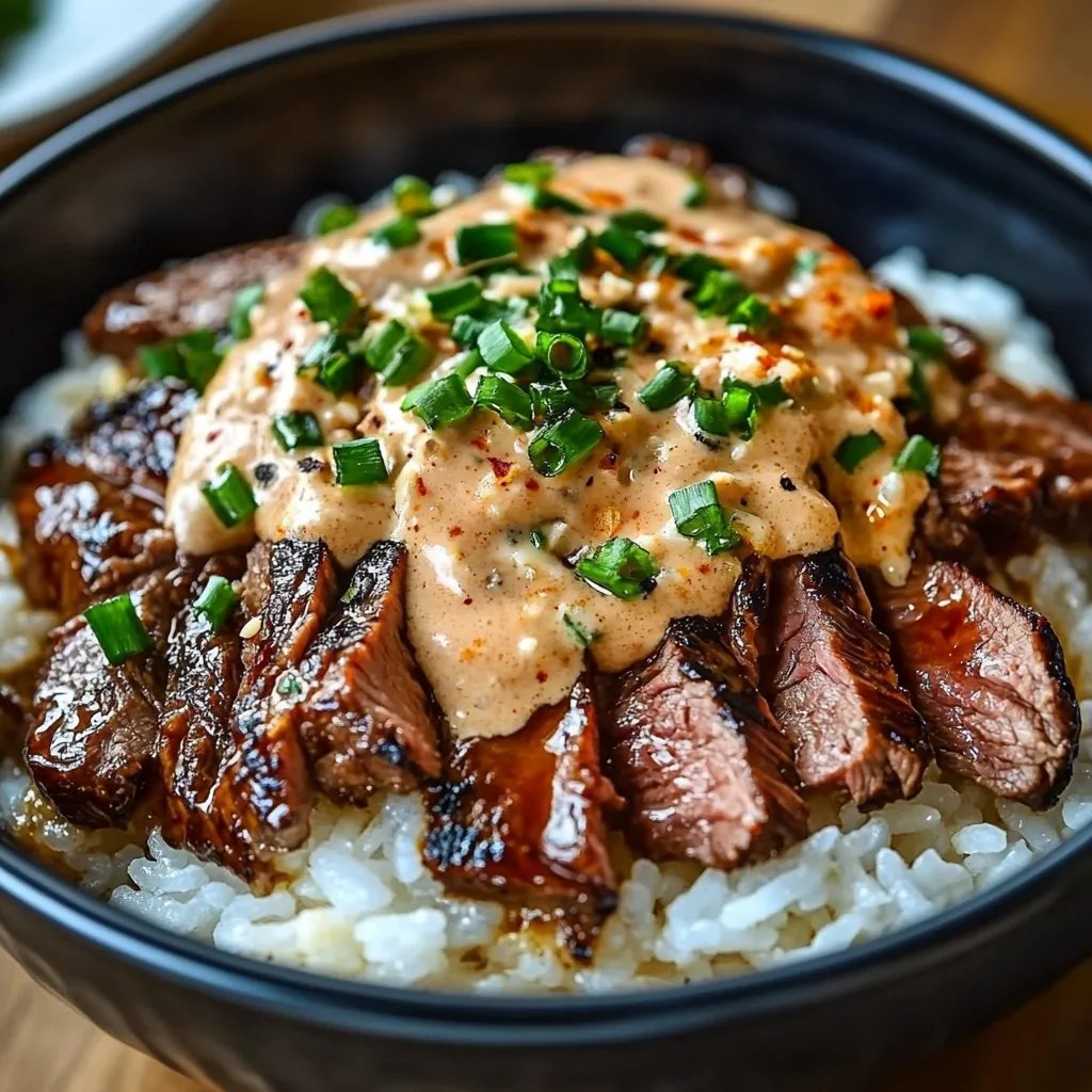 Korean BBQ Steak Rice Bowls with Spicy Cream Sauce